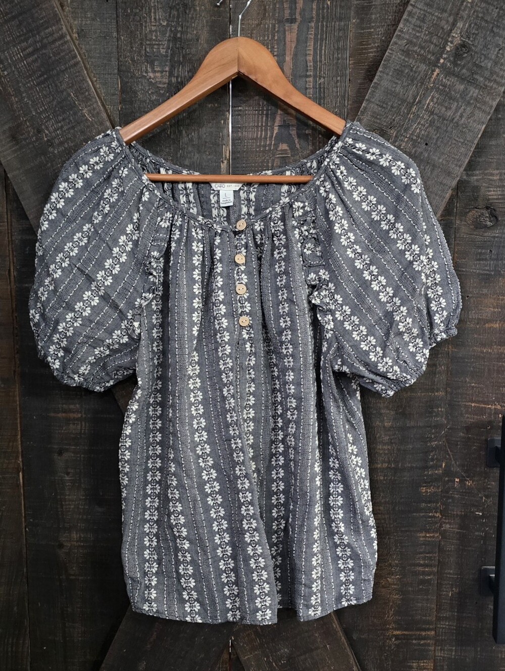 Cato Gray Floral Puff-Sleeve Peasant Blouse Size Large 100% Cotton
